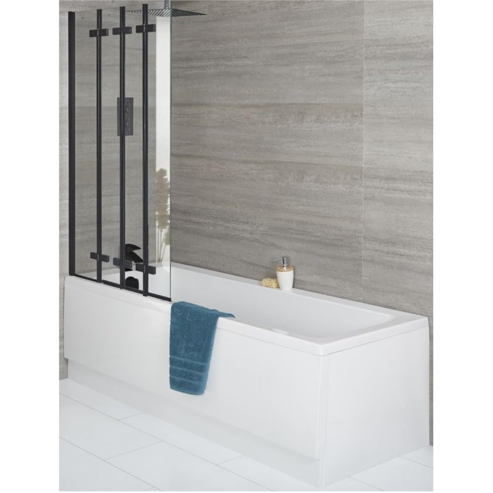 Milano Farington White 1700mm x 750mm Single Ended Bath Folding Black Screen Panels