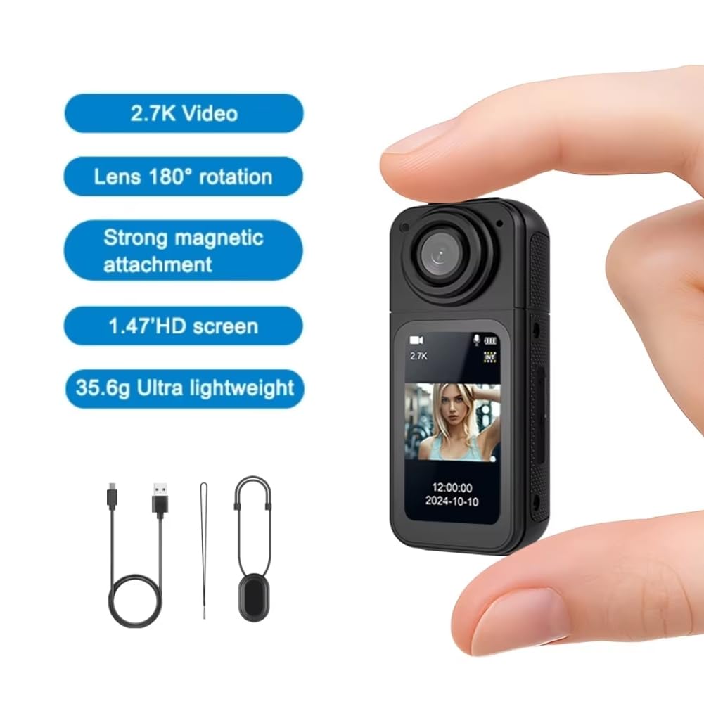 Mini Action Camera Tascabile 2.7K 1080P Sport Cam con WiFi 180° Grandangolo Telecamera per Pollice per Viaggi in Bicicletta e Vlogging 64G