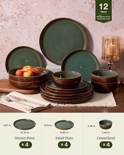 Image of Famiware Milkyway Stoneware Dinnerware Set, 12-Piece, Double Reactive Glaze, Plates and Bowls, Service for 4, Microwave and Dishwasher Safe, Scratch-Resistant, Moss Green & Cocoa