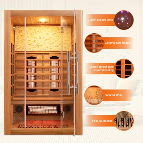 Image of Smartmak Infrared Home Sauna, 2-Person Canadian Hemlock Wood Sauna, Cultural Stone /Full-Spectrum Heating Panels, Starry Sky Lighting, Speakers, Oxygen Bar (220V, 1750W)