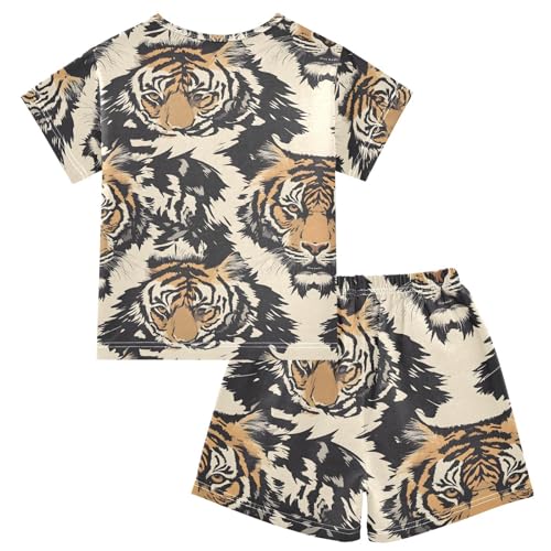ALAZA Black Yellow Tiger Pajamas Set Short Sleeve Cotton Sleepwear Summer Pjs 2 Piece 5-14Y2