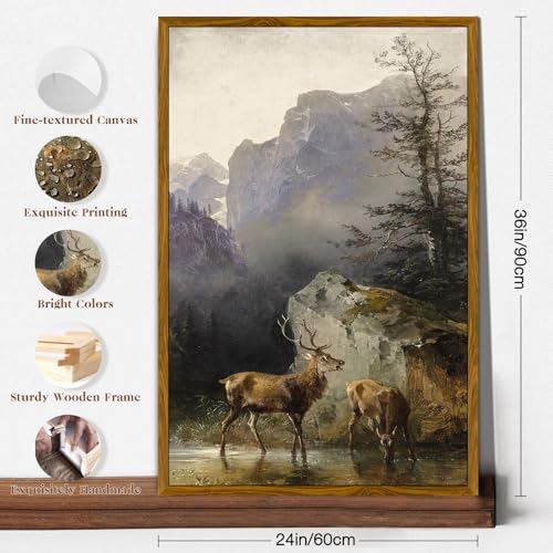 crmotu Large Framed Wall Art, Deers Drinking Vintage Canvas Painting, Mountain Mist Landscape Art Prints, Lake Animal Pictures Rustic Home Decor Living Room Bedroom Farmhouse Cottagecore 24x36in