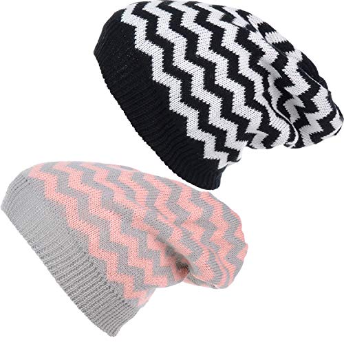 BYOS Unisex Everyday Lightweight Slouchy Knit Beanie Hat Solid, Stripes, Chevron2