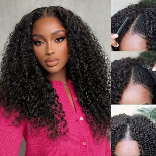 XSSXAKO V Part Wig Human Hair Kinky Curly Upgrade U Part Wig For Black Women 100% Human Hair V Shape Curly Glueless Clip In Half Wig Natural Color No Leave Out 180% Density 18inch