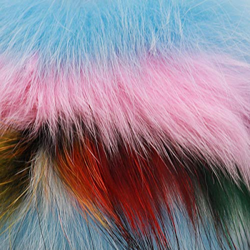 surell - Womens Real Genuine Fox Fur Strap Slippers - Fluffy Furry Soft Footwear Slides for Indoor Outdoor Use -Comfortable Shoes Rainbow Multicolored Striped Slides-(Size 10, Blue/Pink/Brown Multi3
