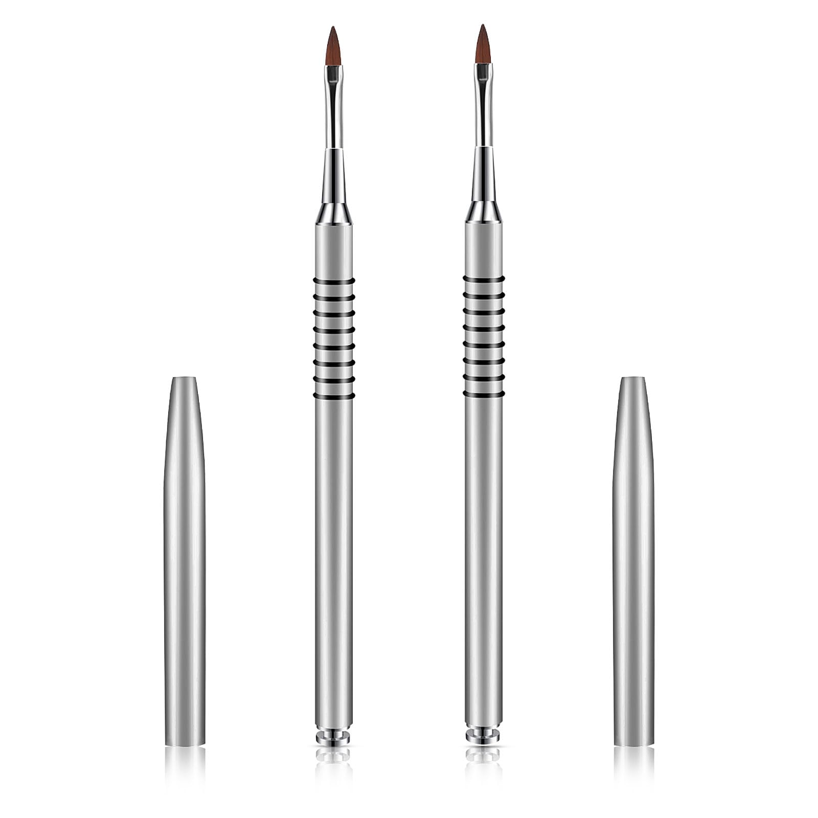 Hariendny 2 Pack 3D Nail Art Brush for Acrylic, Kolinsky Acrylic Nail Brushes Set, Nail Lining Brush Nail Salon Painting Brush Pen with Non-Slip Handle, Silver Metal Nail Art Pen (Size #2)