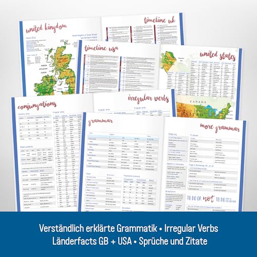 Häfft® Vokabelheft Englisch A4 mit 3 Spalten - inkl. Grammatik, Infos zu Kultur und Umgangssprache, Lernkontrollsystem, Spüchen u.v.m
