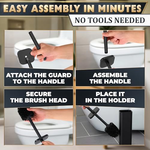 Image of Black Toilet Brush with Square Stainless Steel Holder - Freestanding Toilet Brush and Holder Set Black - Removable Plastic Inner Cup, Splash Guard Cover, Replaceable Head, Corrosion Resistant Finish