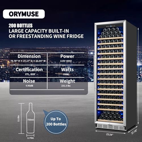 Image of ORYMUSE Large 200 Bottle Wine Fridge - 24 Inch Wine Cooler Refrigerator, Freestanding and Built-in Design, Upgraded Compressor Cooling, Intelligent Temperature Memory