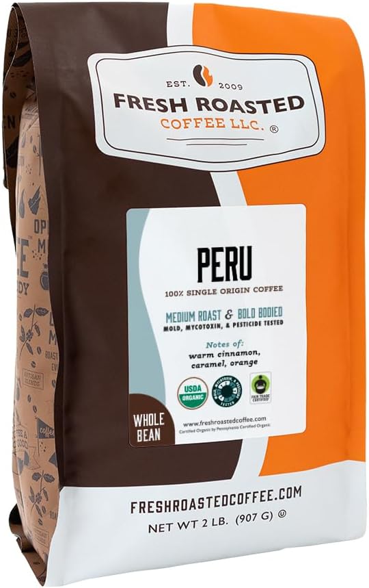 Fresh Roasted Coffee, Organic Peru Whole Bean Coffee, Medium Roast, USDA Organic, 3rd Party Tested for Mold, Mycotoxin & Pesticides, Kosher, 2 lb (32 oz)