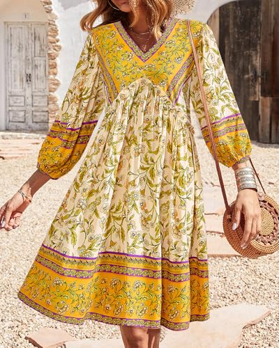 Image of BTFBM Women Casual Spring Summer Dresses V Neck 3 /4 Long Sleeve Ruffle Floral Flowy Boho Babydoll Mini Short Beach Dress