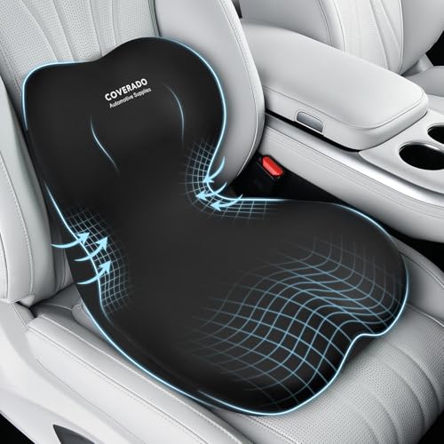 Coverado Car Seat Cushion and Lumbar Support Pillow One Piece, Memory Foam Ergonomic Back Support Driving Seat Cushion for Back Pain, Non-Slip Washable Cushion for Car, Driver, Office by Coverado - Used condition - US$17.39