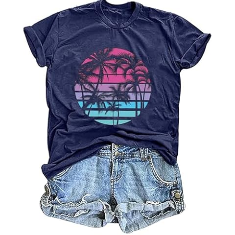 Hawaiian Shirts for Women Palm Trees Beach Graphic Tee Tops Summer Vacation Short Sleeve Tshirt Tops Blue L Cover