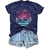 Hawaiian Shirts for Women Palm Trees Beach Graphic Tee Tops Summer Vacation Short Sleeve Tshirt Tops Blue M