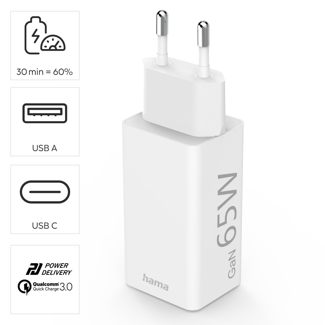 Hama Caricatore USB-C da 65 W (alimentatore di rete a 2 porte USB C + USB A, caricatore rapido con Quick Charge 3.0 e Power Delivery, caricatore USB con tecnologia GaN, caricatore universale per