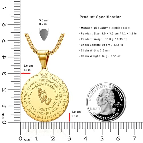 Serenity Prayer Necklace with Praying Hands Coin Pendant for Men Women Lords Prayer Bible Verse Courage Wisdom Stainless Steel 24 inches4