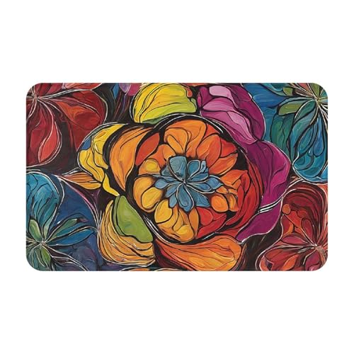 Flower Stained Glass Print Living Room Bathroom Kitchen Anti Slip and Absorbent Carpet, Indoor Entrance Door Muddy Floor Mat, Ultra Soft Washable Carpet 21x31.5 Inches