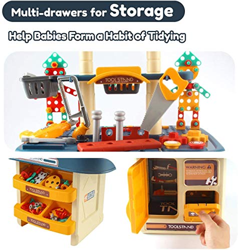 BFUNTOYS 246 PCs Kids Toddlers Toy Tool Bench Set for 2 3 4 Year Old Boys and Girls, 2 in 1 Kids Construction Toy Workbench with Building Blocks, Electric Drill, STEM Building Puzzles Work Shop Gifts