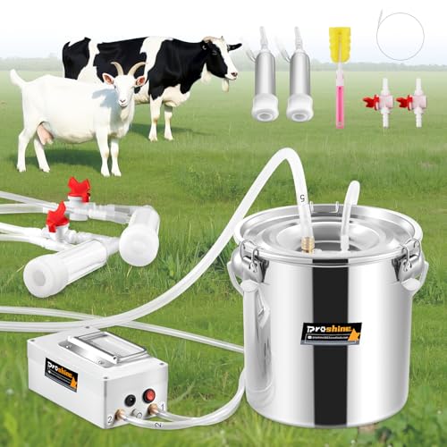 2 in 1 7L Goat Milking Machine, Electric Vacuum Pulsation Milker, Handheld Portable Milking Machine for Cows with 4 Teat Cups (for Goat Cow Battery)