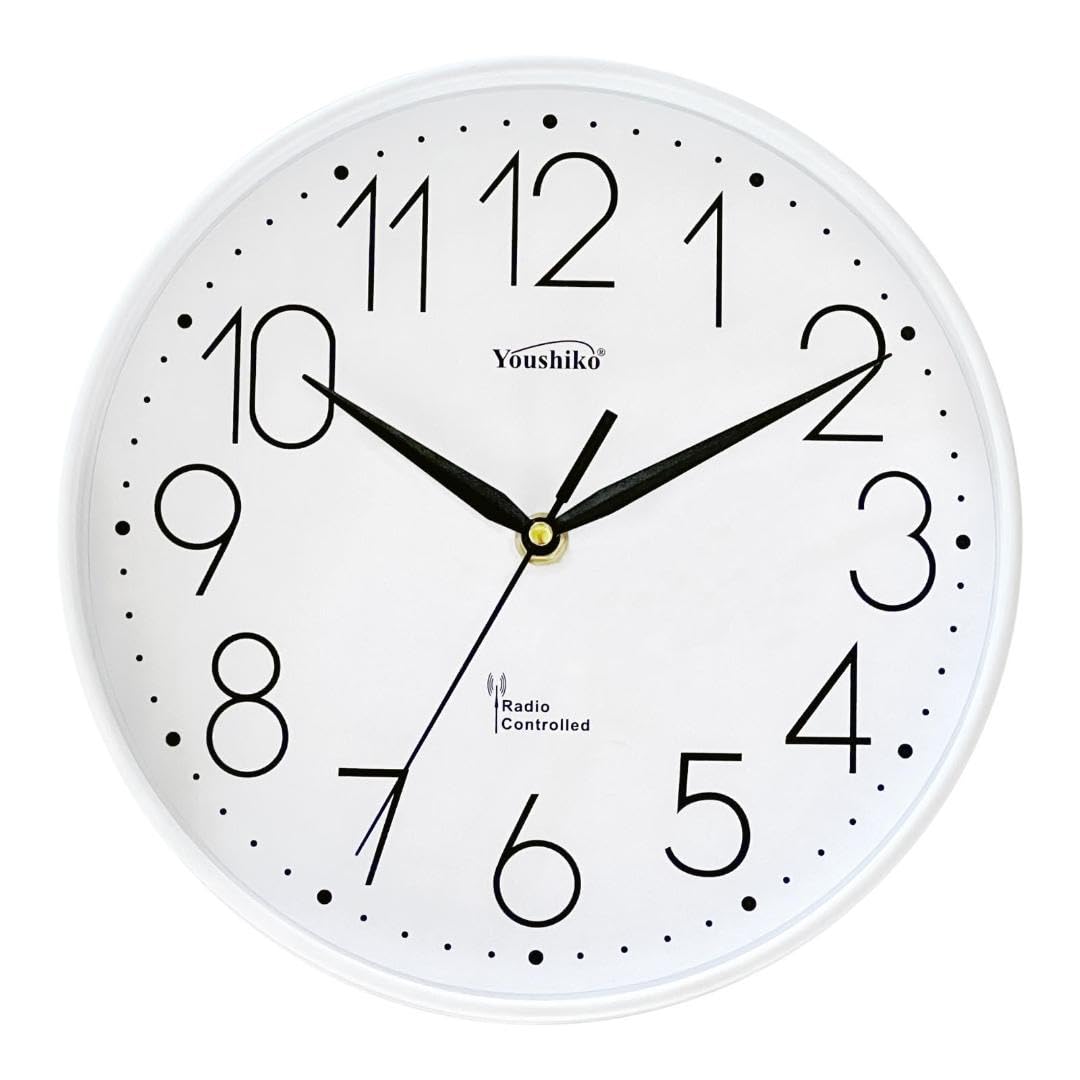 Youshiko Radio Controlled Wall Clock (Official UK & Ireland Version), Stylish Black & White Bold Classic Design (25cm / 10-Inch Diameter), Home/Kitchen/Office/School Clock, Easy to Read (White)