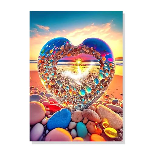 Heart Pintar por Numeros Adultos, Set de Pintura de Números Sunset para Niños Principiantes, Pintura con Numeros Junto al Mar con Cepillos y Pinturas, DecoracióN de la Pared Del 30x40cm