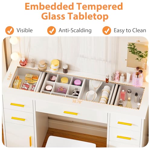 ANWBROAD Large Vanity Desk with Lighted Mirror White Makeup Vanity Set with Glass Top & Power Outlet & 7 Drawers Storage 3 Color Lighting Modes Dressing Table with Stool for Bedroom Women Girl UBDT83W - Thumbnail 4