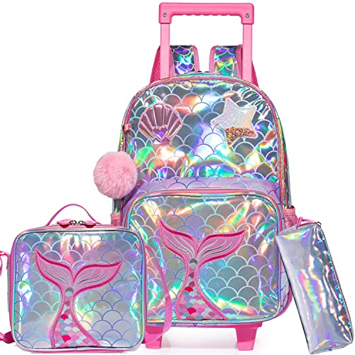 Mochila Rolante com Lancheira para Meninas Mochila de Rodas para a Escola (Sereia Rosa)
