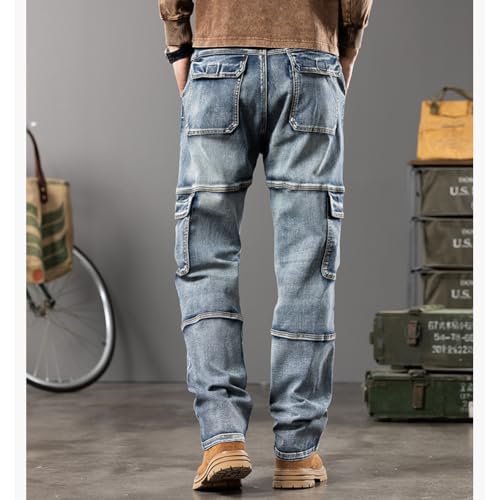 Mens Loose Fit Hip Hop Jeans Casual Cargo Denim Pants Straight Leg with Multi Pockets 28-443