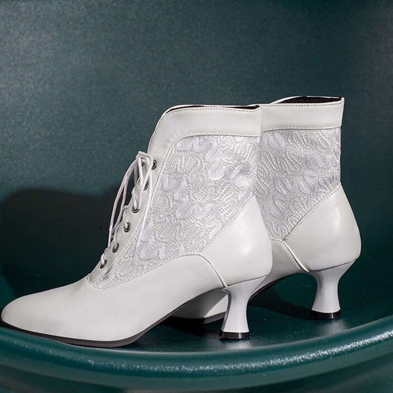 RiceelSor Women Lace Pointy Toe Kitten Heel Victorian Witch Boots Lace Up Round Toe Comfortable Bridal Costume Chunky Heel Plus Size Ankle Booties3