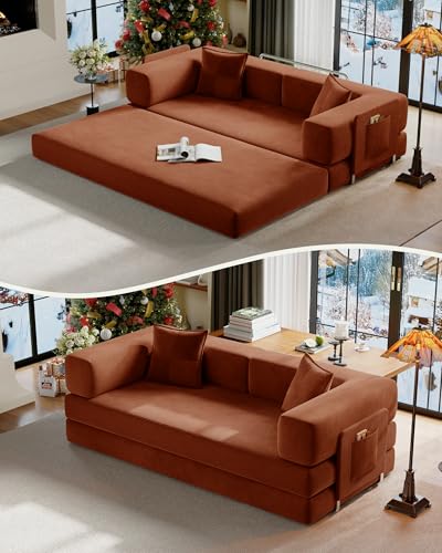 Convertible Orange Futon Sofa Bed with Storage