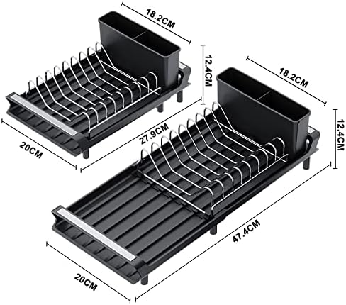 OROPY Expandable Dish Drainer, Small Compact Dish Drying Rack with Utensil Holder, Stainless Steel Space-saving Sink Drainer with Sloping Drainboard and Non-slip Feet ( Black )