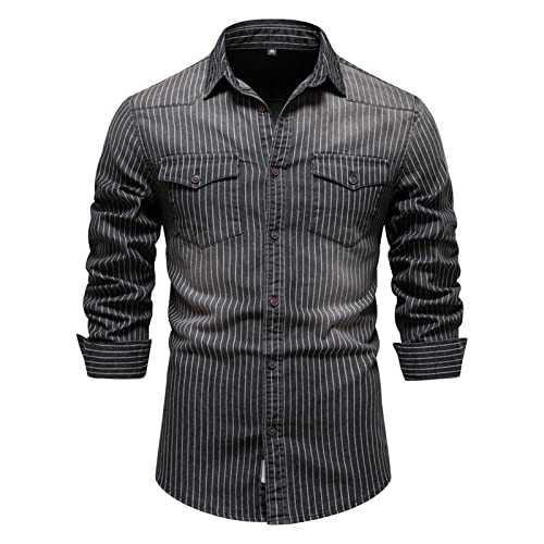 DGHM-JLMY Men's Washed Old Striped Denim Shirts Regular-Fit Long-Sleeve Denim Shirt Casual Denim Button Down Shirt