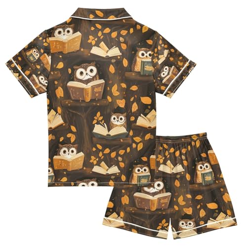 senya Owl Reading on Branches Satin Summer Pajama Sets Silk Short Sleeve Button Down Sleepwear2