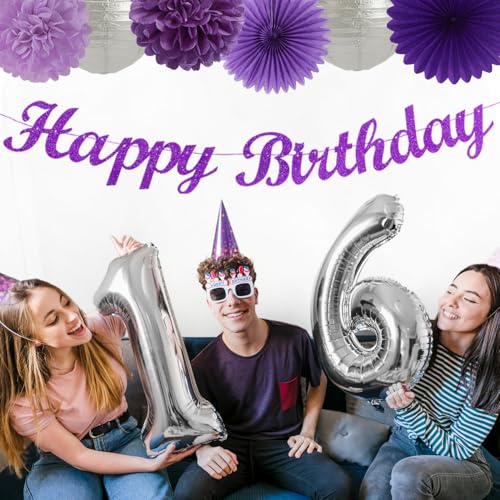 Image of Purple Silver Birthday Party-Decorations Paper-Flowers - 14pcs Happy Banner Lavender Lanterns Tissue Pom Poms,Lilac Streamers Garland Fans,Women Girls Adult Kids Office Hanging Supplies Decor Hugfond