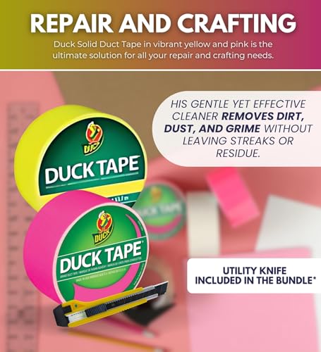 Image of Duck 1.88 in. W X 15 yd L Yellow Duct Tape + Neon Pink Duct Tape Bundle with Utility Knife - Vibrant Colored Duct Tape for DIY Projects, Crafting, & Heavy-Duty Use - (3 Items)
