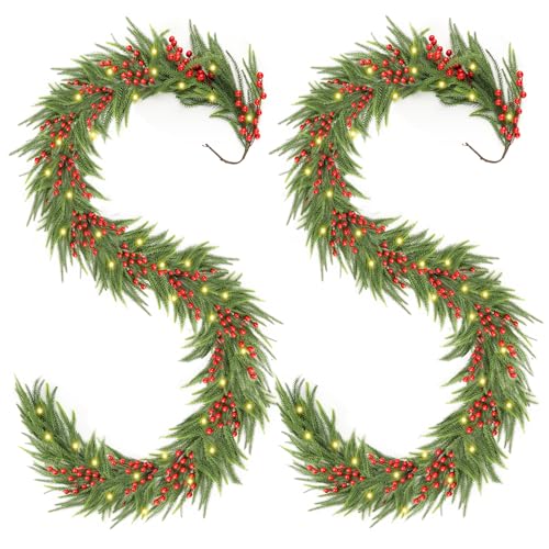 Christmas Norfolk Pine Garland 2PCS 9FT,Real Touch Faux Winter Greenery Garland with Light for Stairs Table Fireplace Backdrop Wall,Christmas Holiday Seasonal Winter Decor by INTERHOMART - Used condition - US$31.48