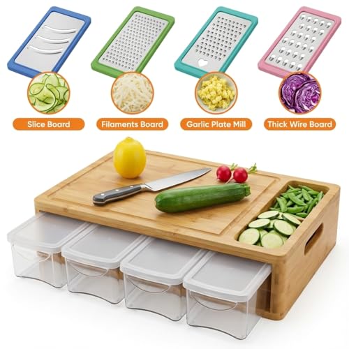Tabla de cortar de bambú con 4 recipientes, tabla grande con ranuras para jugo, asas de fácil agarre y abertura para deslizar alimentos miniatura 2
