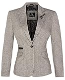 Women's Tweed Light Grey Herringbone Classic 1920s Formal Wool Tailored Blazer with Elbow Patches 8