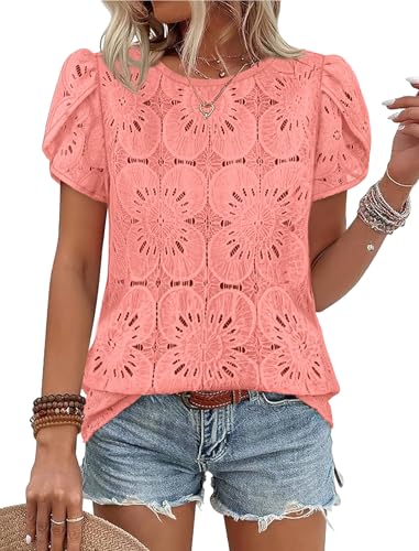 Summer Tops for Womens Blouses Dressy Casual Short Sleeve Shirts Crochet Lace Beach Vacation Clothes Date Night Outfits Travel Essentials Coral M