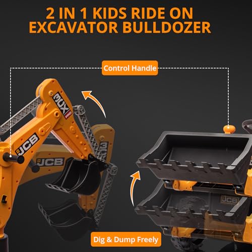 4 in 1 Elektro Bagger & Bulldozer, 12V Kinder Elektrofahrzeuge mit Fernbedienung, Frontlader, Bagger, Hupe, Eva-Reifen, Gelb