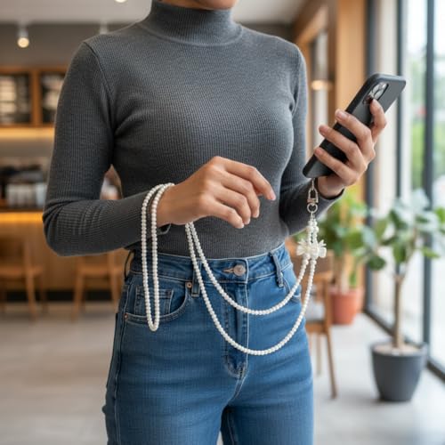 Image of KHOLAD White Bow Phone Chain Crossbody Pearl Strap | 2in1 Wrist & Shouler Crossbody Lanyard | Pearl Beads Charms Chain with Phone Tether Patches | Compatible with Most Phones, Bag, Purse