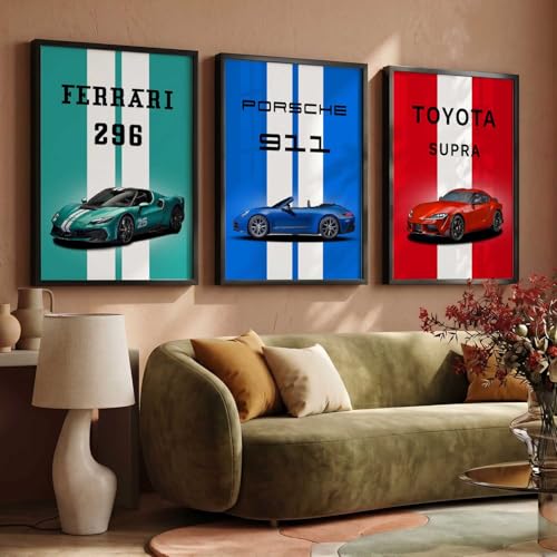 Image of HOTHOUSE Big Ferrari 296, Porsche 911, Toyota Cars Framed Posters Gift Items for Boys Room Wall Decoration Bedroom Living Room Office Studio Decor | Set Of 3 Size (19 X 25 inch)