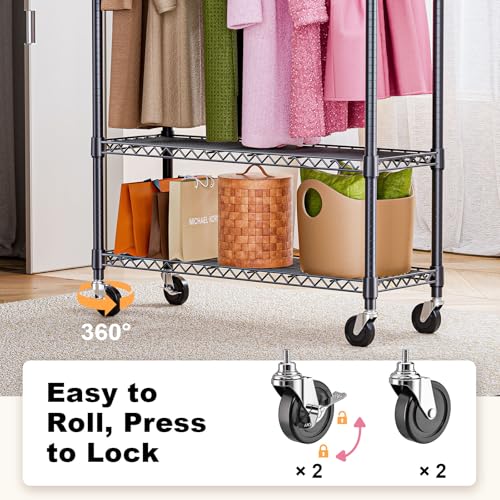 M MZG Heavy Duty Rolling Garment Rack 3 Tiers Adjustable Wire Shelving Clothes Rack with 1 Rods and Side Hooks,Storage Closet Clothing Rack with Wheels Black 15.7" D x 45.3" W x 75.6" H by M MZG - Image 3