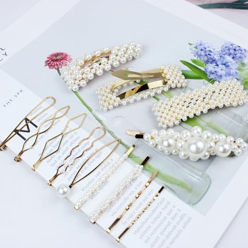 13 Piezas Pinzas de Pelo Minimalistas con Perlas y Metal Dorado miniatura 3