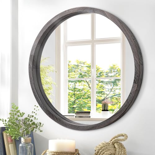 Image of JJUUYOU Wall Mirror 60CM Round Wall Mirror for Bathroom, Antique Gray Circular Mirror Washroom Wall Decor Wood Frame Mirror for Living Room Bedroom Dorm Decorative