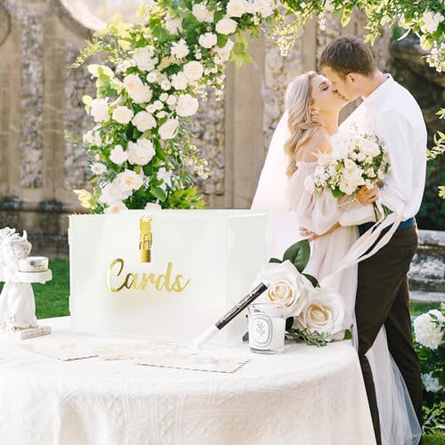 Image of OurWarm Frosted Acrylic Wedding Card Box with Lock, Gift Card Box for Wedding with String Light and Pen, DIY Wedding Envelope Money Card Box for Party Graduation Baby Shower Birthday Decorations