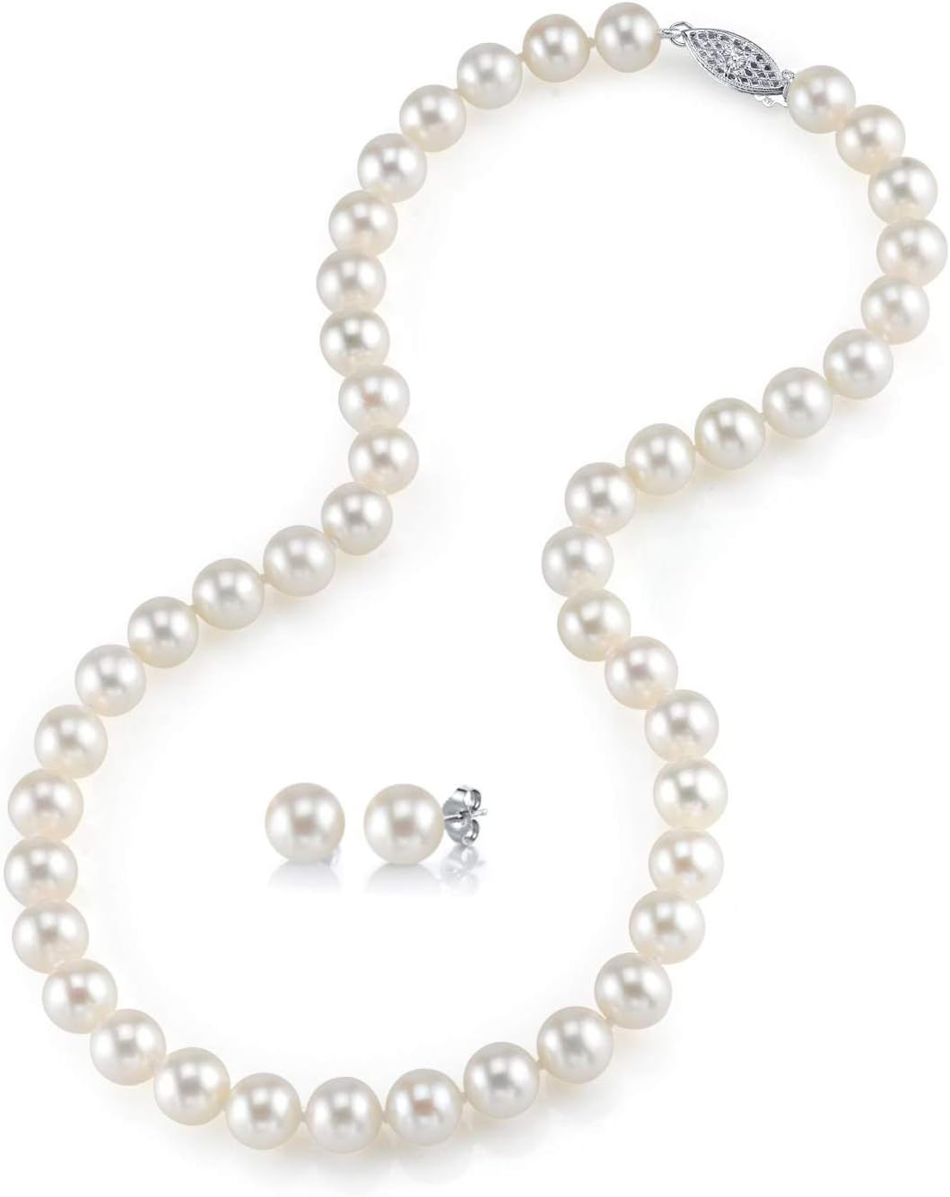 The Pearl Source 14K Gold Round White Akoya Cultured Pearl Necklace & Earrings Set in 18" Princess Length for Women