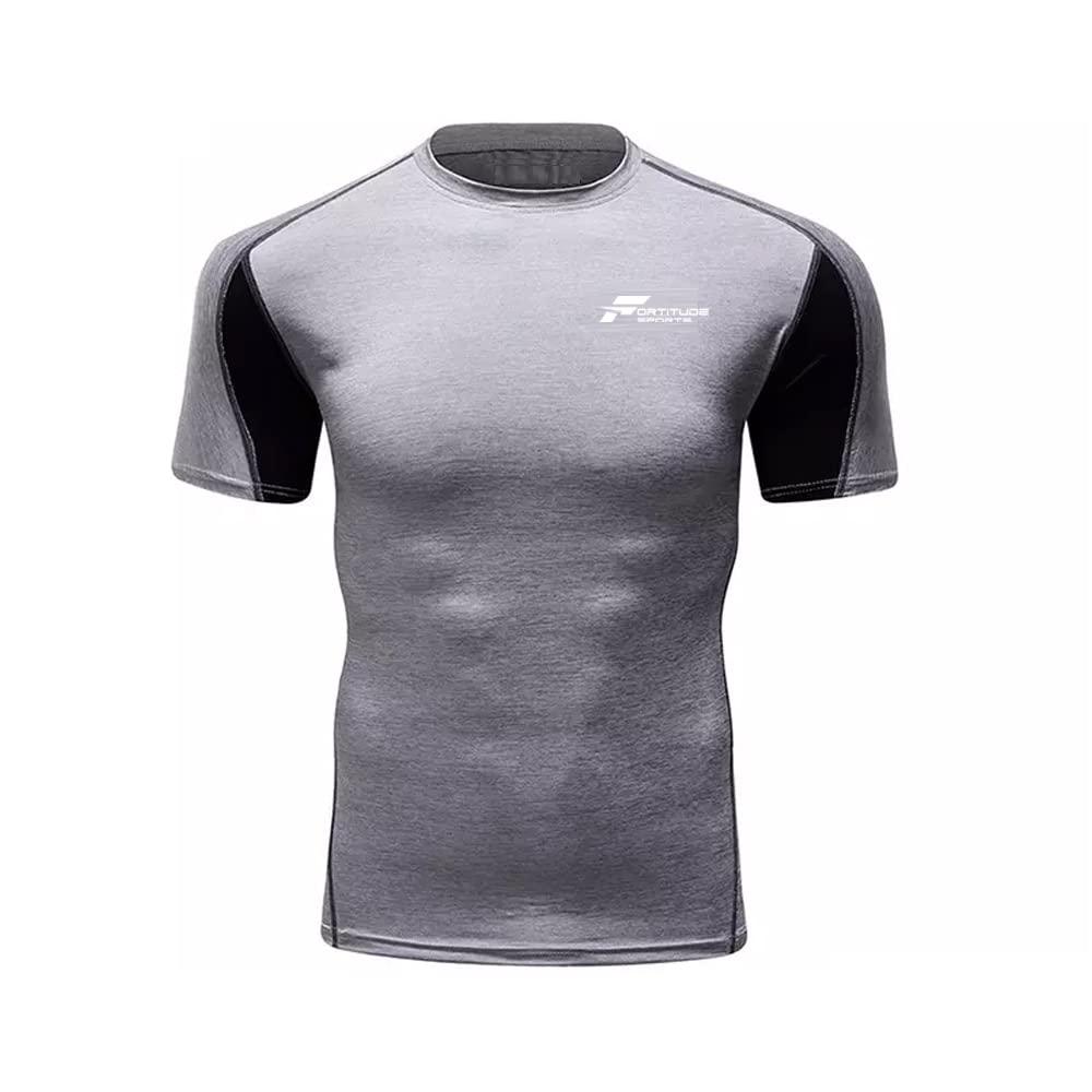 Fortitude Sports Compression T-Shirt | Base Layer for Fitness, Running, BJJ MMA Short Sleeve Rashguard Gym Shirt for Men | Short Sleeve Men's Gym T-Shirt Rash Guard (Grey, Medium)