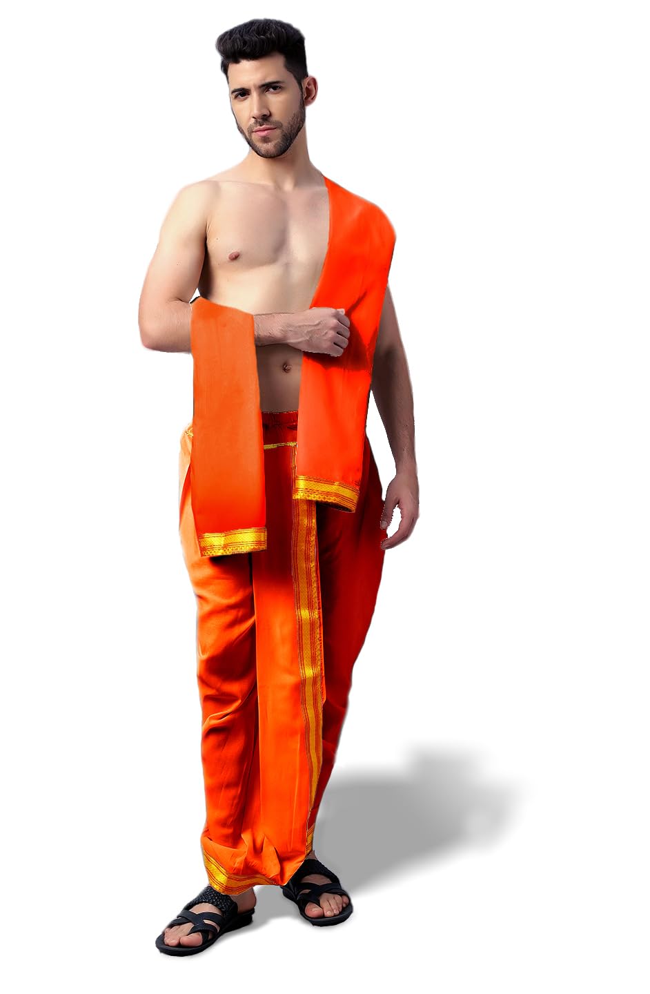 Men's PolySilk Readymade Mahraj Dhoti with Dupatta Elastic Ready to Wear Dhoti Pant Free Size Traditional Ethnic Wear for Weddings, Pujas & Festivals | Comfortable Fit, Easy to Wear-image-2