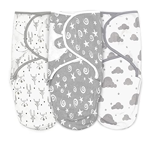 Image of 100% Organic Cotton Swaddle Blanket Baby Girl Boy Infant Sleep Sack Wrap, Adjustable Infant Swaddle Wrap Newborn Babies Small 0-3 Months. Clouds, Swirls, and Sleepy Animals. (Neutral Gray 3Pk)